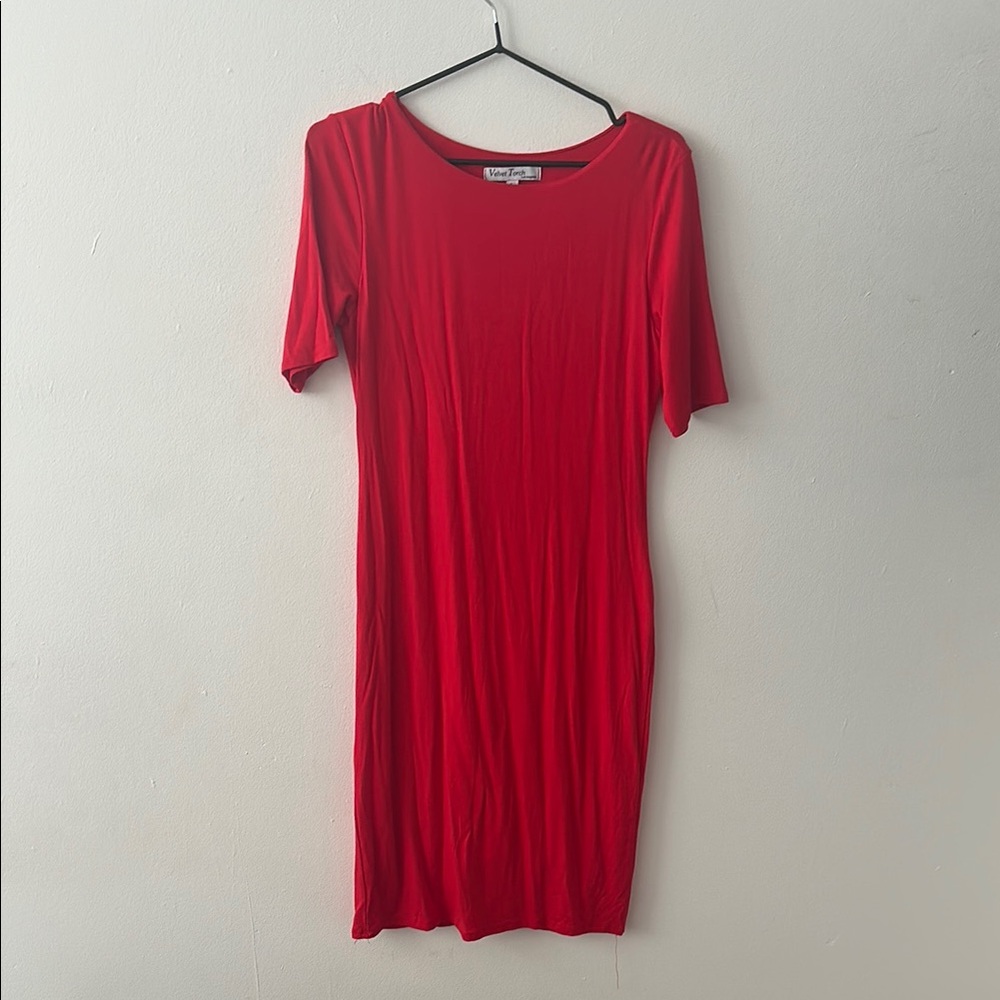 Velvet Torch Red Bodycon Midi Dress Crew Neck